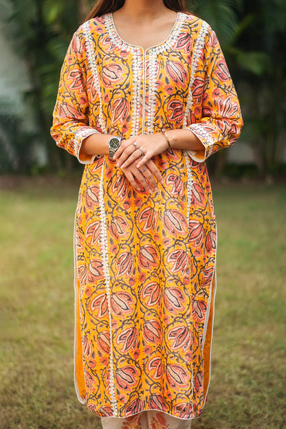 Yellow kalamkari print maheshwari applique work kalidar kurta with off white maheshwari dupatta and trousers