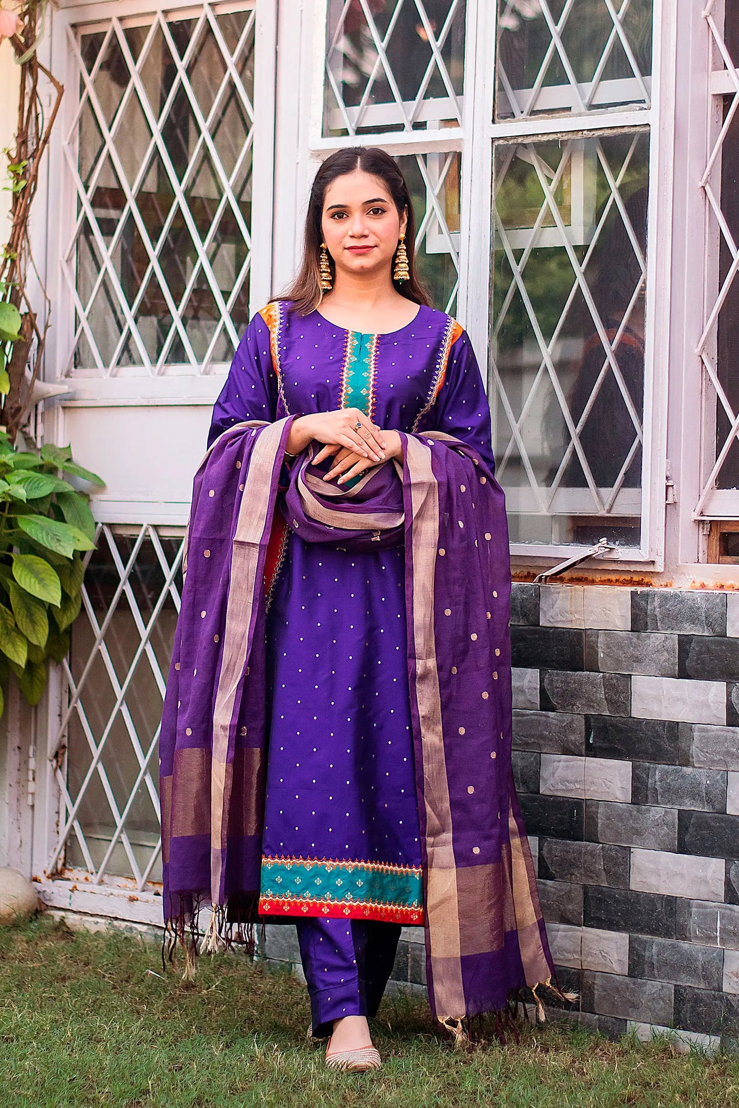 Purple silk kurta and trousers, purple chanderi dupatta with zari work