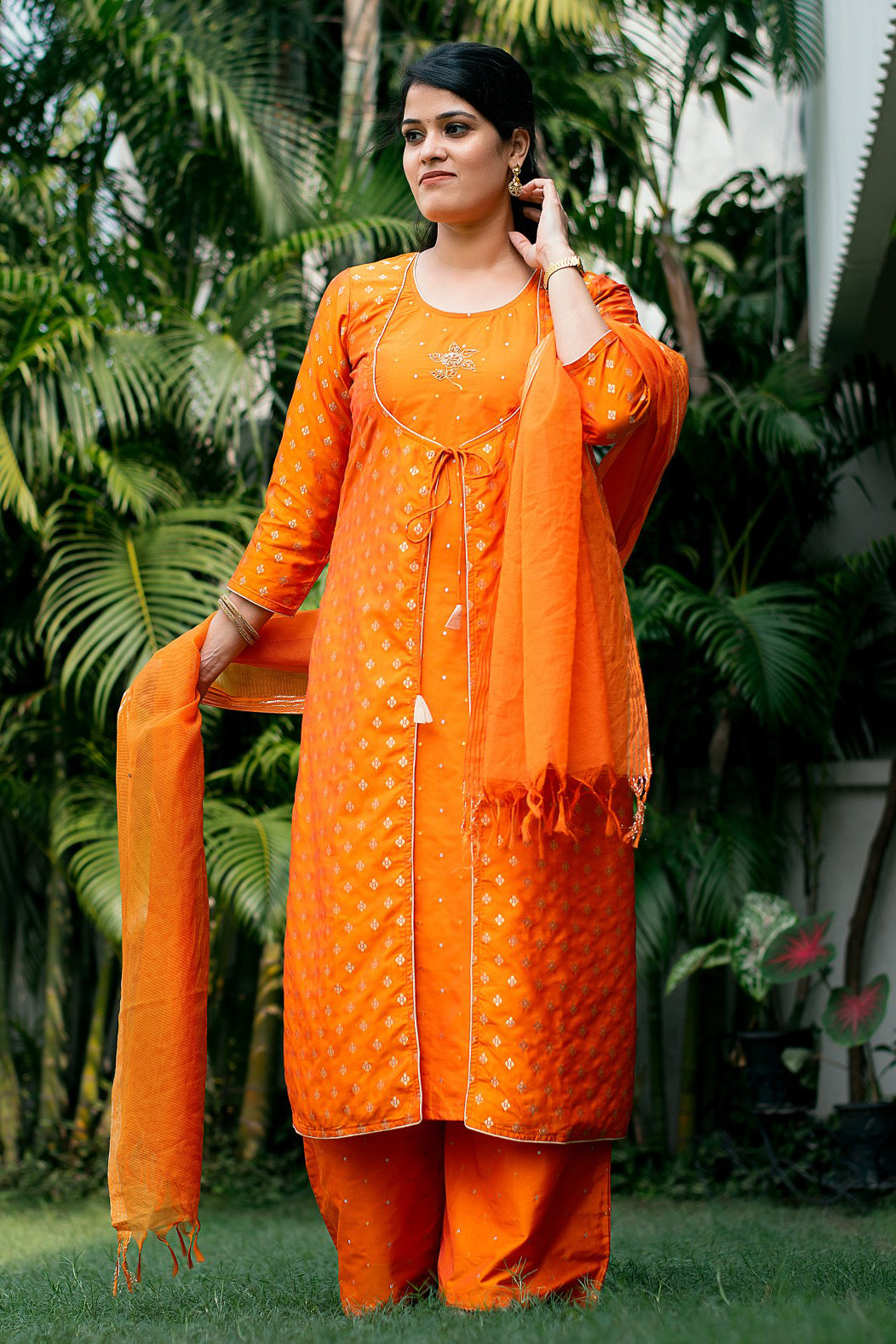 Orange colour silk angrakha kurti with zardozi, orange silk palazzo and orange dupatta