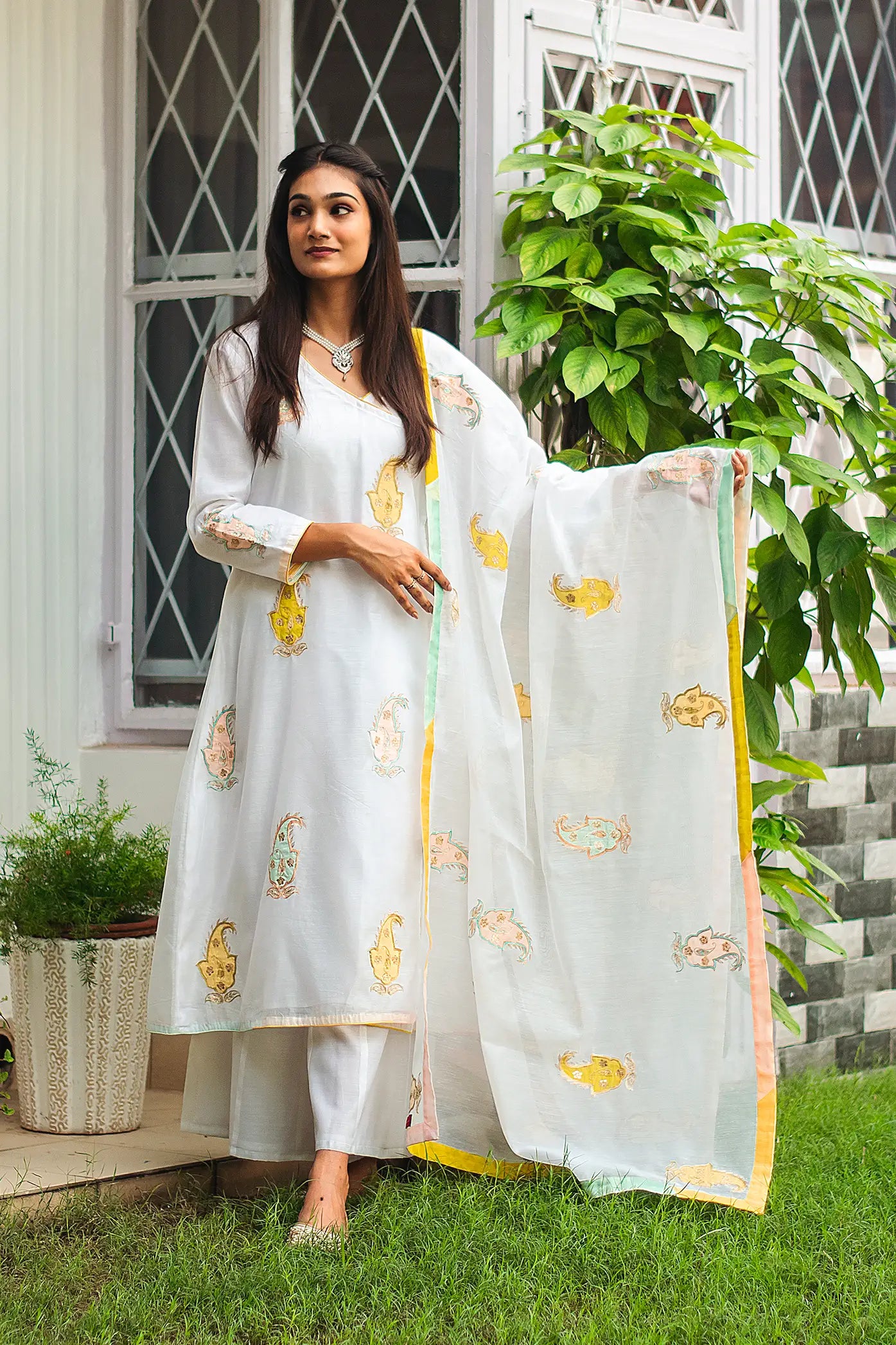 White chanderi angrakha kurta set with patchwork paisley – The Indian ...