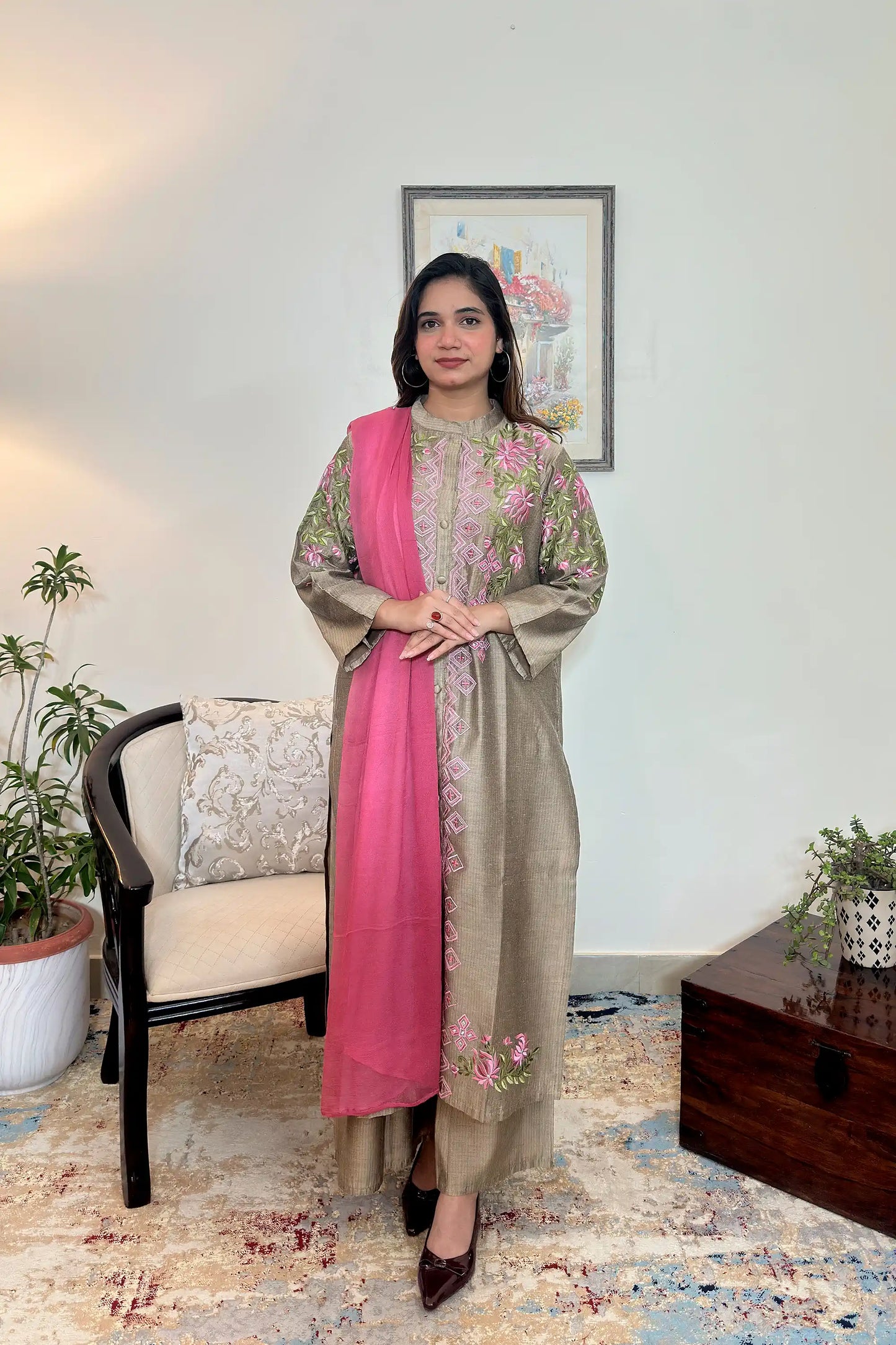 Taupe Chanderi Formal Wear Kurta Set with Resham Embroidery