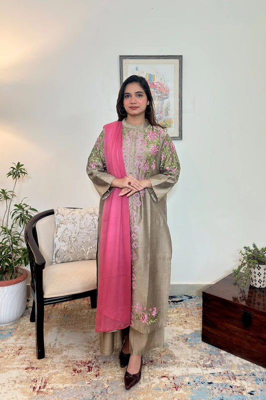 Taupe Chanderi Formal Wear Kurta Set with Resham Embroidery