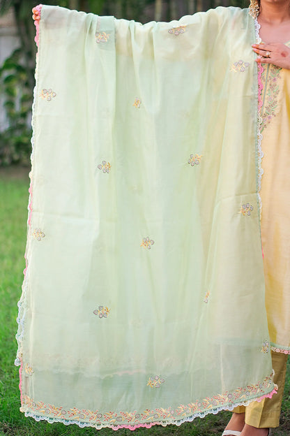 Yellow-green chanderi kurta set with hand embroidery