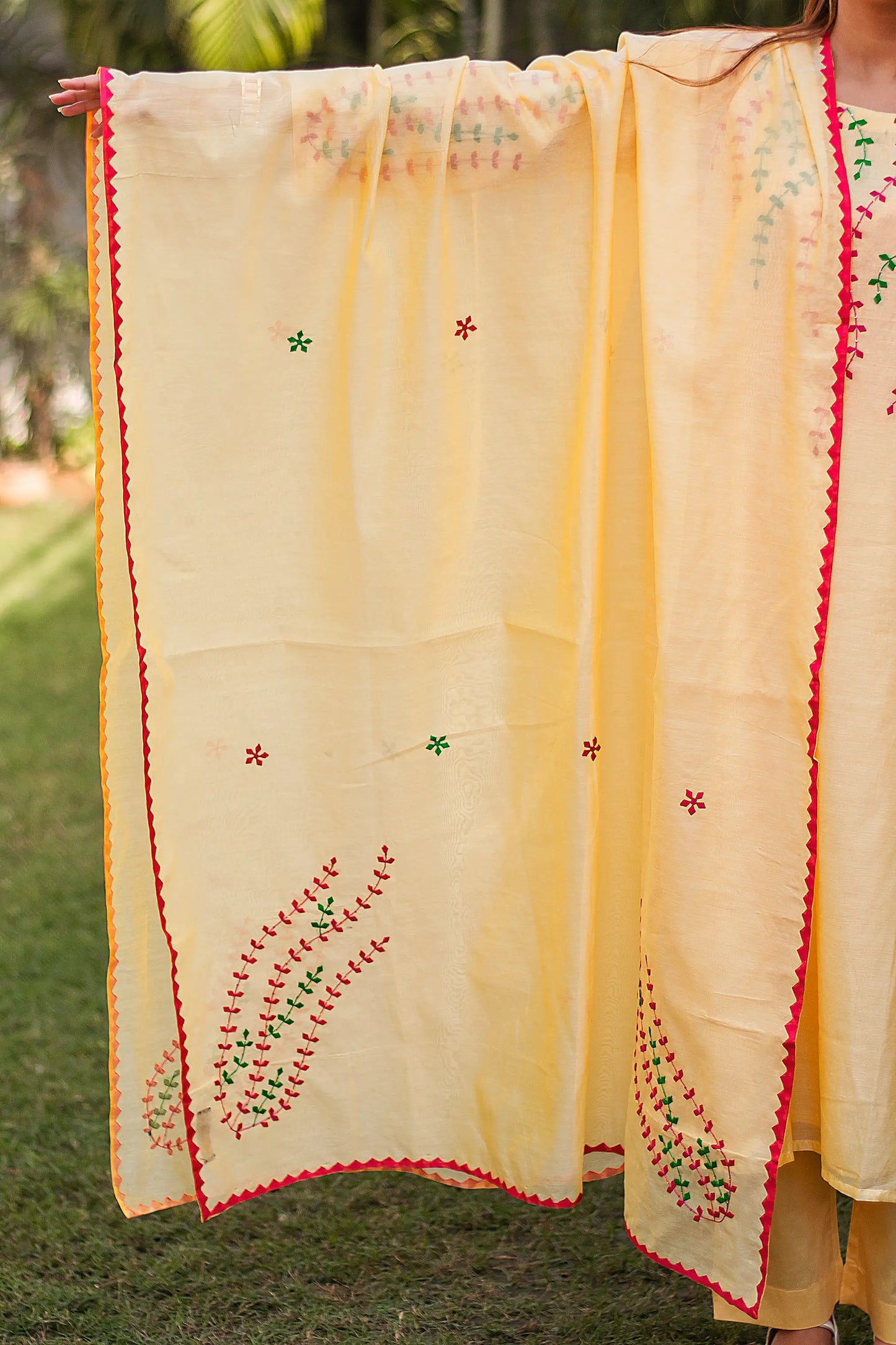 multicoloured applique work yellow chanderi kurta and dupatta with yellow trousers