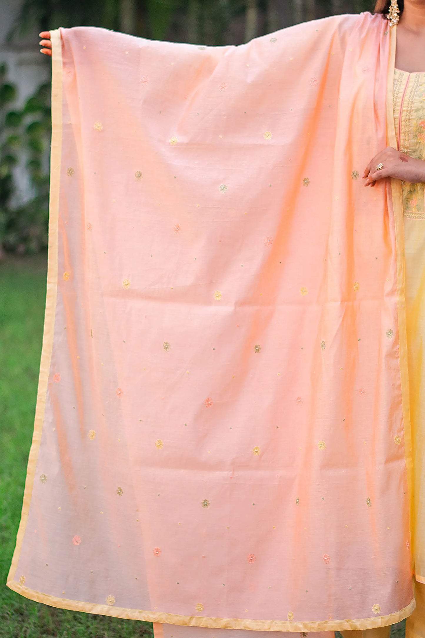 Yellow-peach chanderi kurta set with hand embroidery