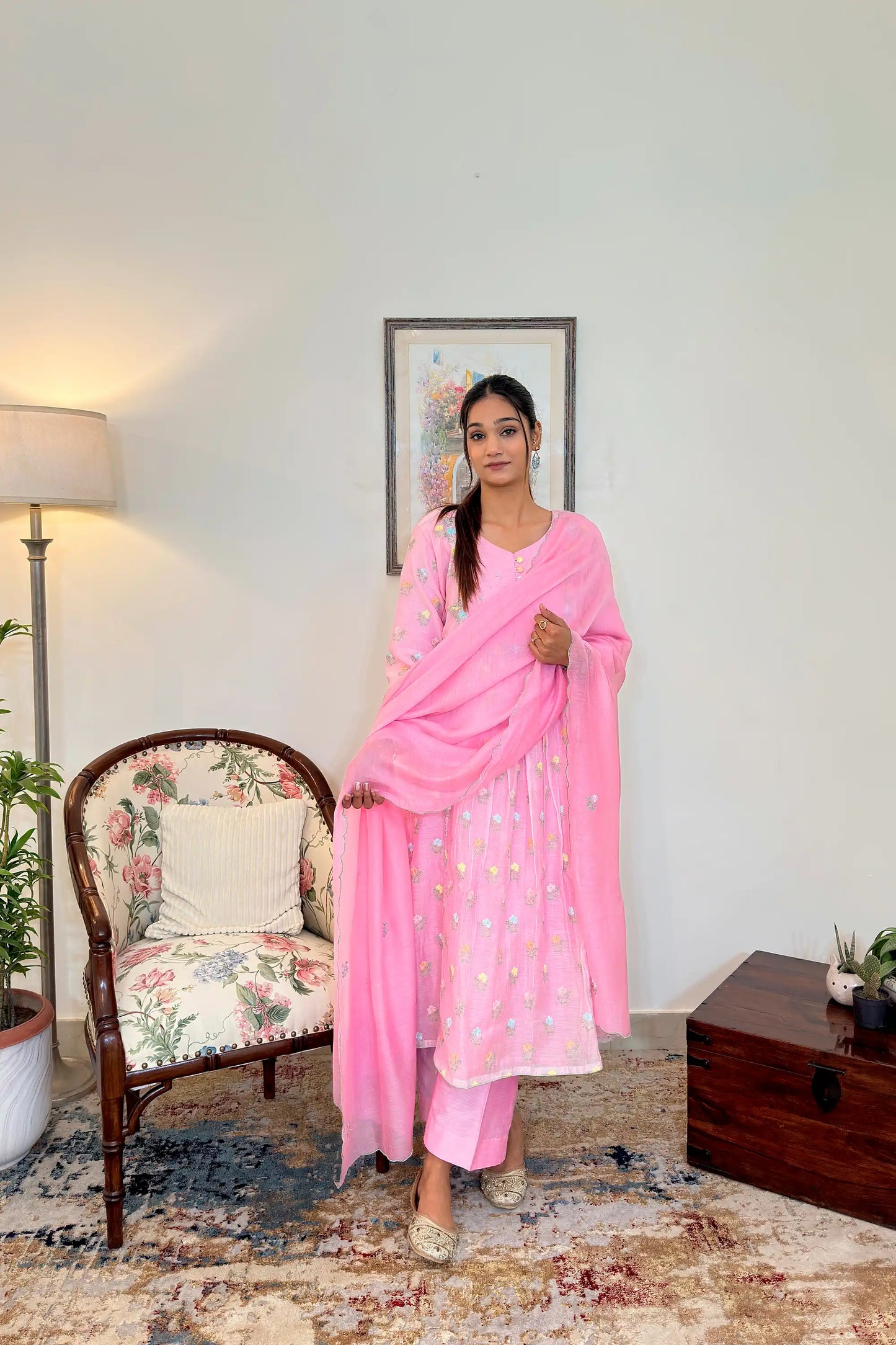 Pink Chanderi Formal Wear Kurta Set with Floral Embroidery