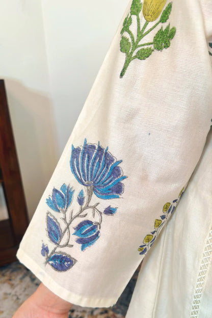 Off-white chanderi A-line kurta and dupatta with blue-green floral hand embroidery and off-white trousers