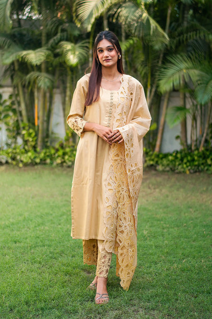 Golden russian silk kurta & trousers, golden chanderi dupatta with cutwork