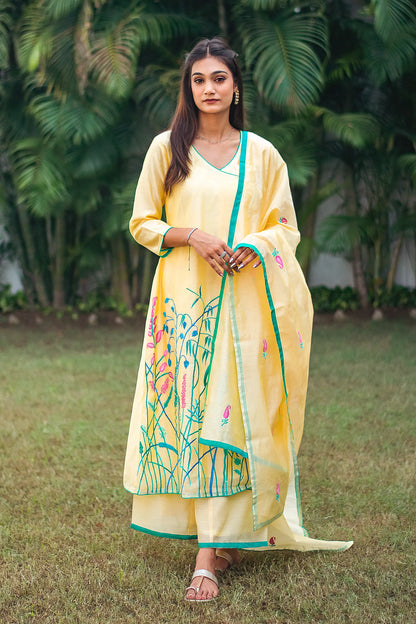  Indian model in a yellow angrakha kurta with pink and teal resham embroidery, paired with a matching dupatta and palazzo.