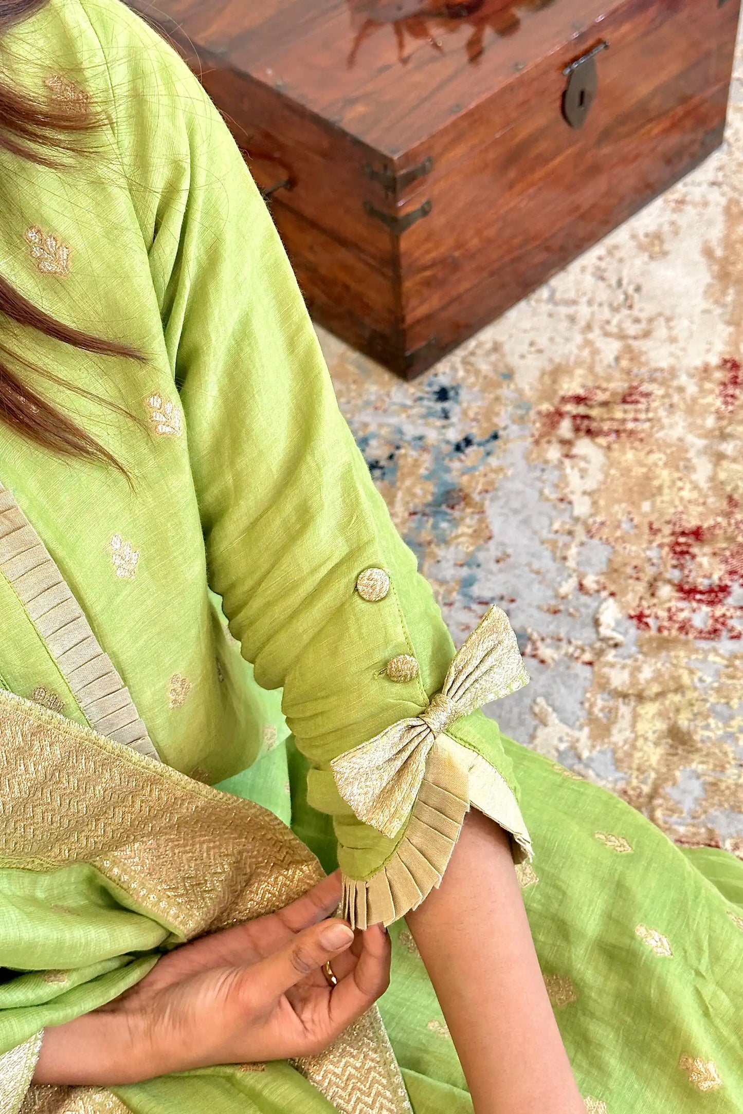 Green Zari Woven Linen Formal Wear Kurta Set