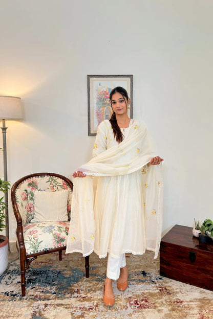 Off White Chanderi Formal wear  Kurta Set with Handworked Floral Motifs