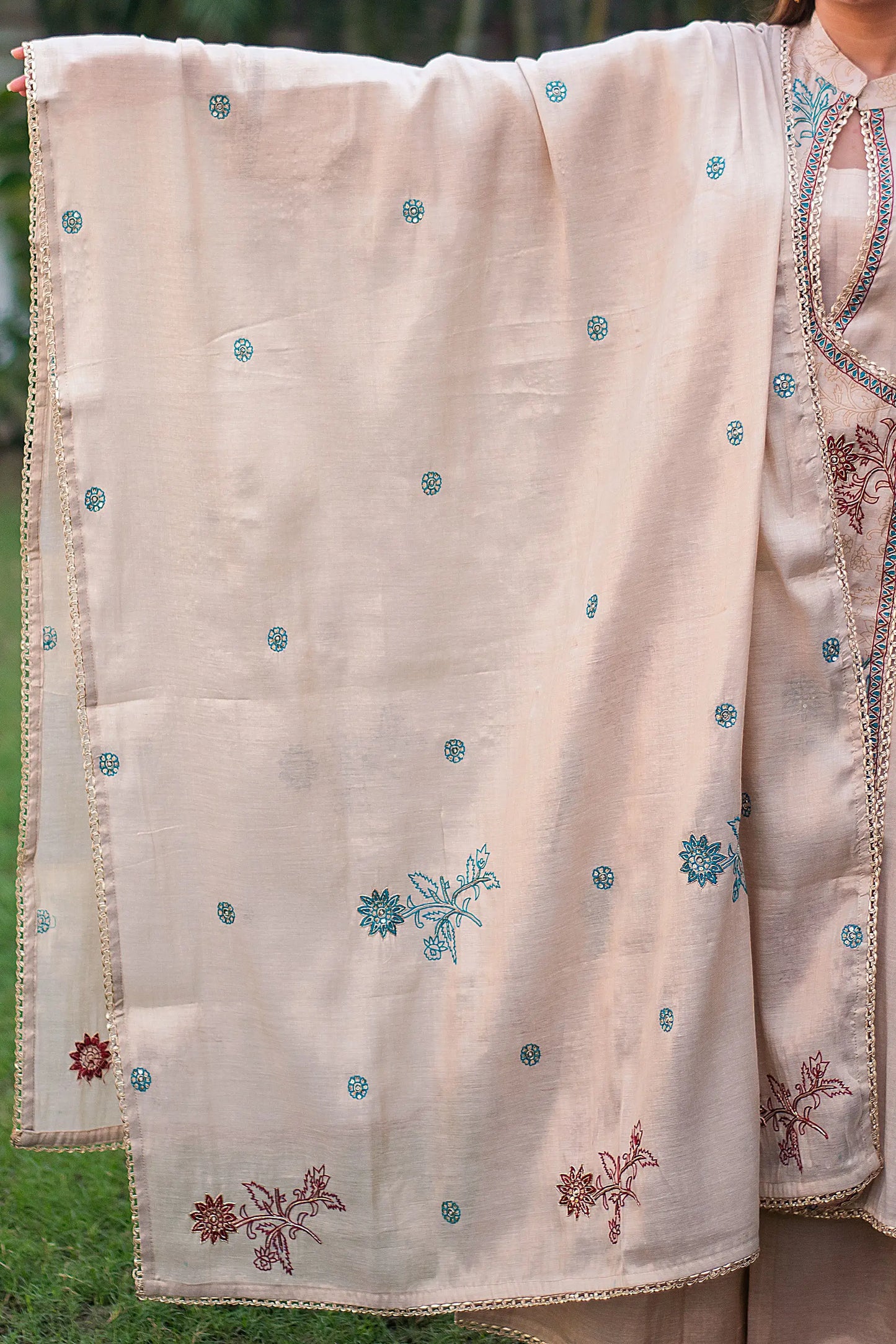 Beige angrakha kurta, palazzo and tissue dupatta with hand embroidery