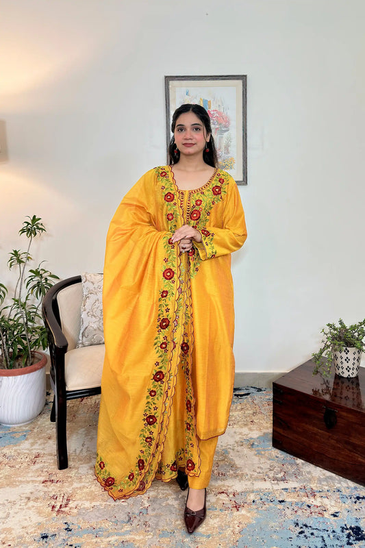 Yellow Chanderi Formal Wear Kurta Set with Floral Resham Embroidery