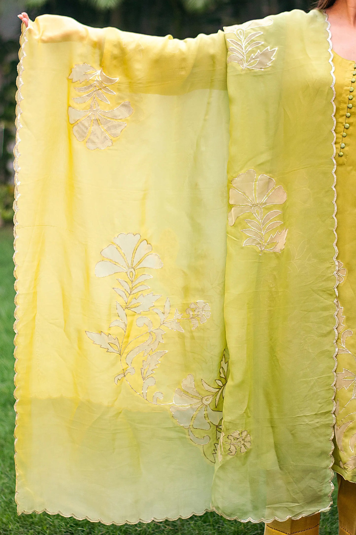 Green ombre organza kurta & dupatta with cutwork & golden trousers