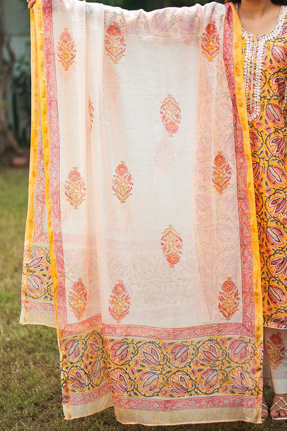 Yellow kalamkari print maheshwari applique work kalidar kurta with off white maheshwari dupatta and trousers