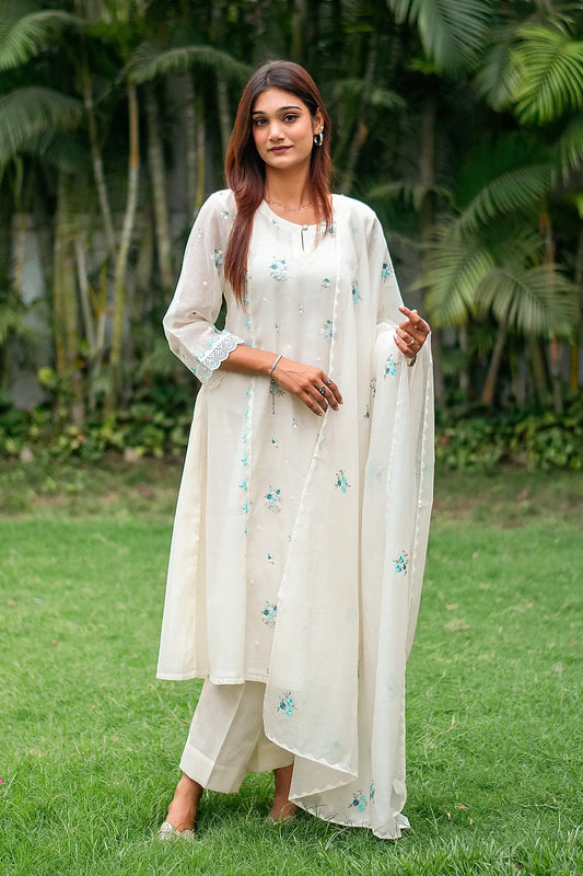 Off-white chanderi kurti, dupatta and trousers with blue embroidery & applique work