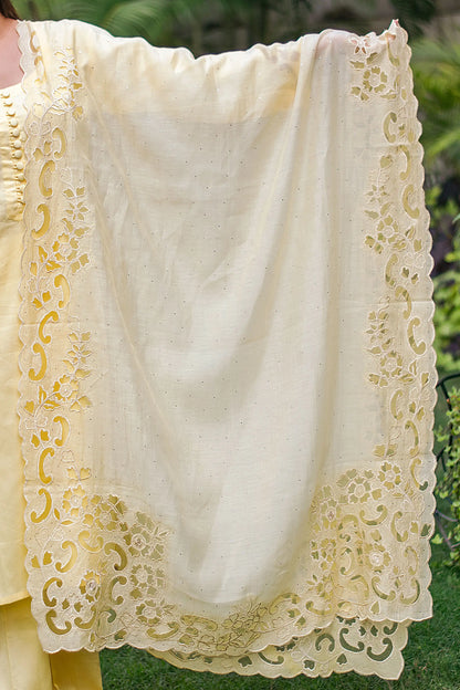 Pastel yellow russian silk kurta & trousers, peach chanderi dupatta with cutwork