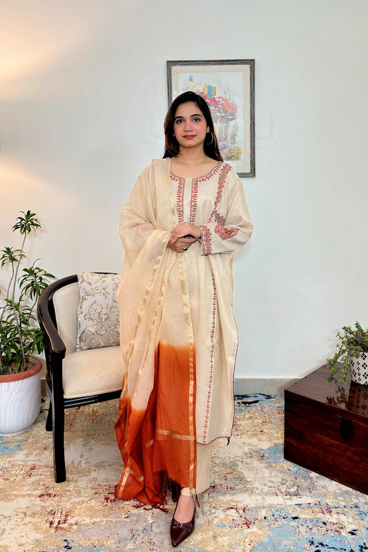 Golden Chanderi Formal Wear Kurta Set with Resham Embroidery