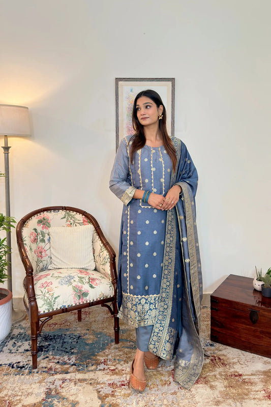 Grey Banarasi Silk Party Wear Kurta Set with applique work
