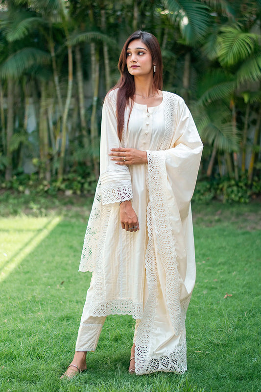 Off white cotton silk pintuck kurta, trousers and dupatta with schiffli work