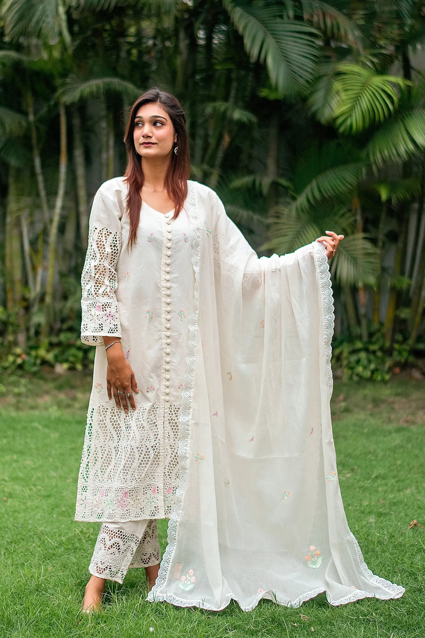 off-white cotton schiffli front-open kurti, dupatta with embroidery and off-white trousers
