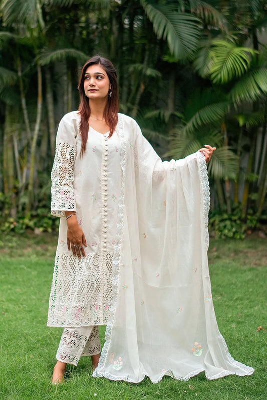 off-white cotton schiffli front-open kurti, dupatta with embroidery and off-white trousers