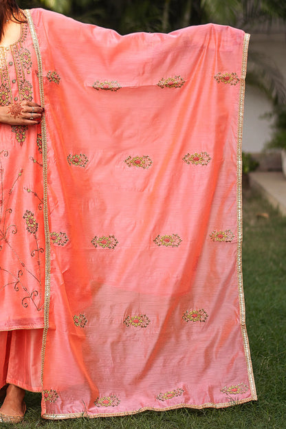 Peach chanderi zardozi work kurta and dupatta with peach palazzo