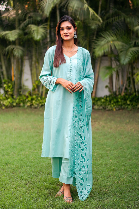 Pastel blue russian silk kurta & trousers, blue chanderi dupatta with cutwork