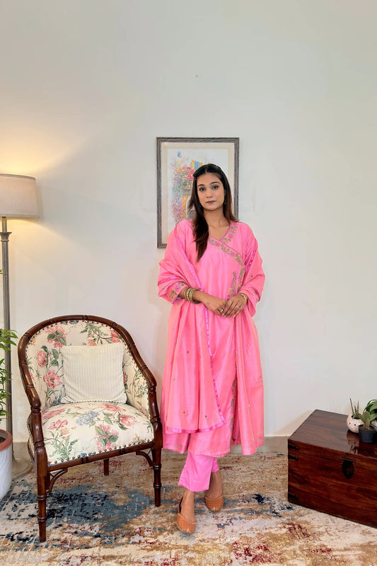 Pink Chanderi Resham Embroidered Angarkha Formal Wear Suit