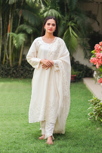 Off-white chanderi cut-work kurta and dupatta with off-white trousers