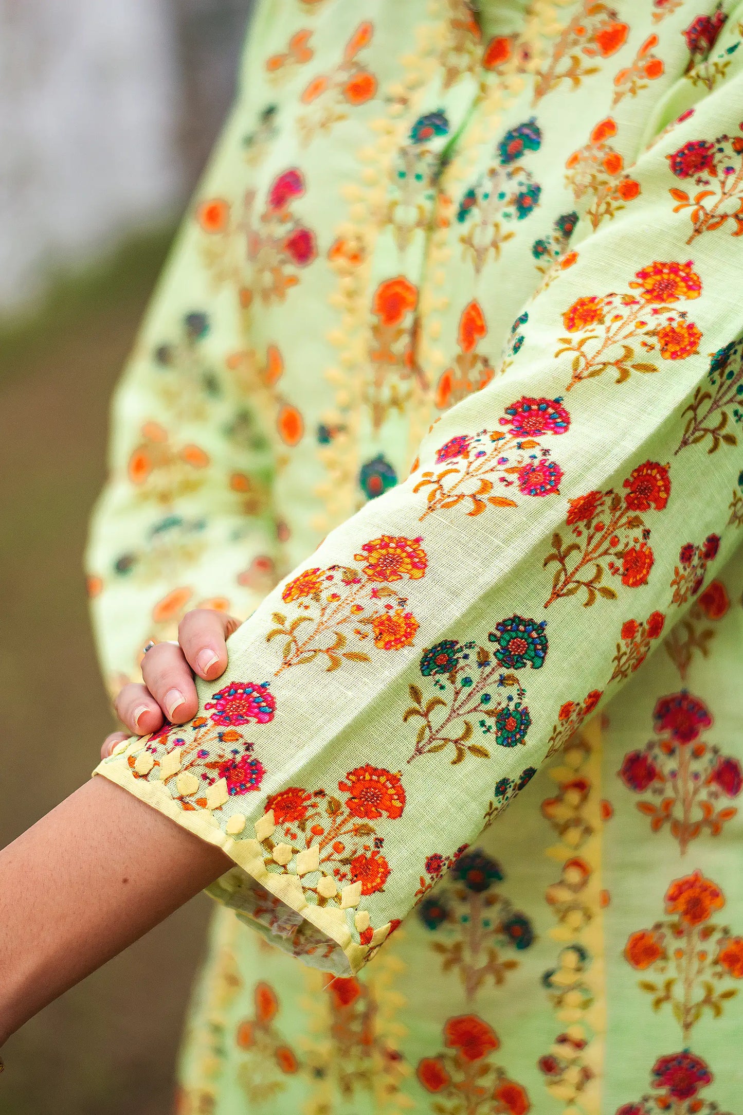 Tea green printed linen kalidar kurta with applique work, green linen dupatta and green palazzo