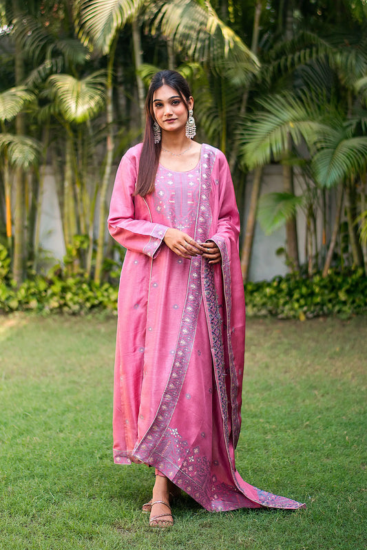 Onion pink silk resham & zari weave kurta & dupatta with pink trousers