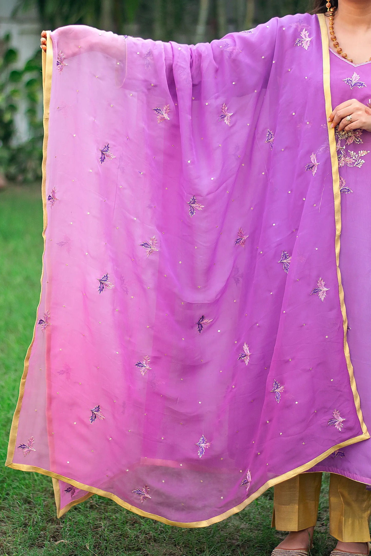 Purple ombre organza kurta, purple chiffon dupatta & golden trousers with zardozi work