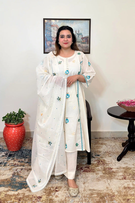 Off-white cotton frock kurta and dupatta with multicolour floral resham embroidery and off-white trousers