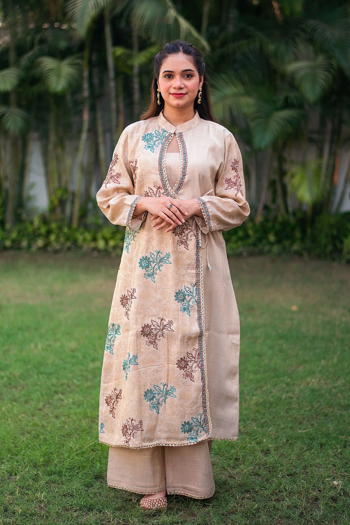 Beige angrakha kurta, palazzo and tissue dupatta with hand embroidery