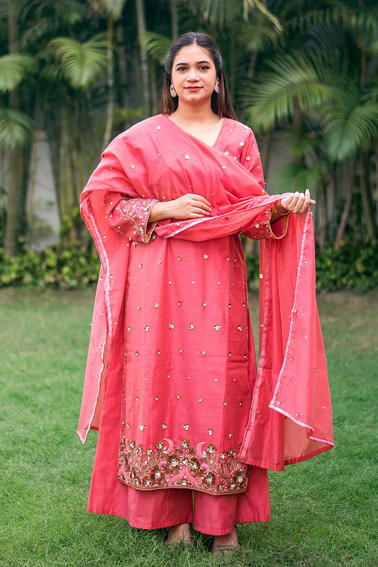 Coral-pink chanderi kurta, dupatta with aari embroidery & pink palazzo