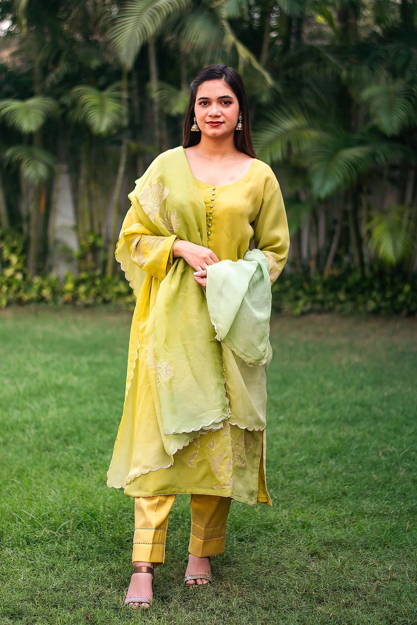 Green ombre organza kurta & dupatta with cutwork & golden trousers