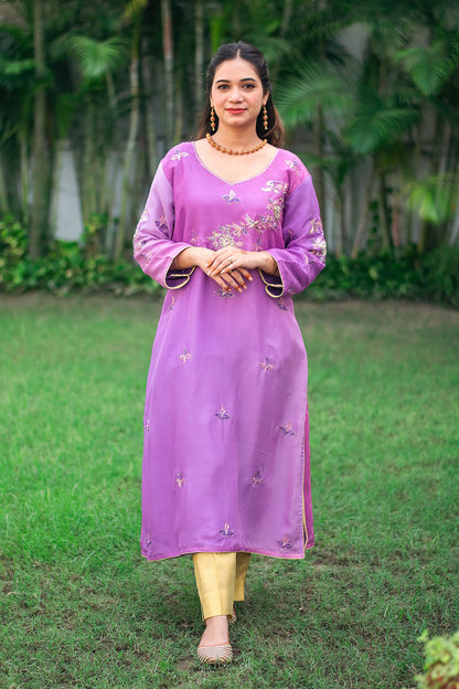 Purple ombre organza kurta, purple chiffon dupatta & golden trousers with zardozi work