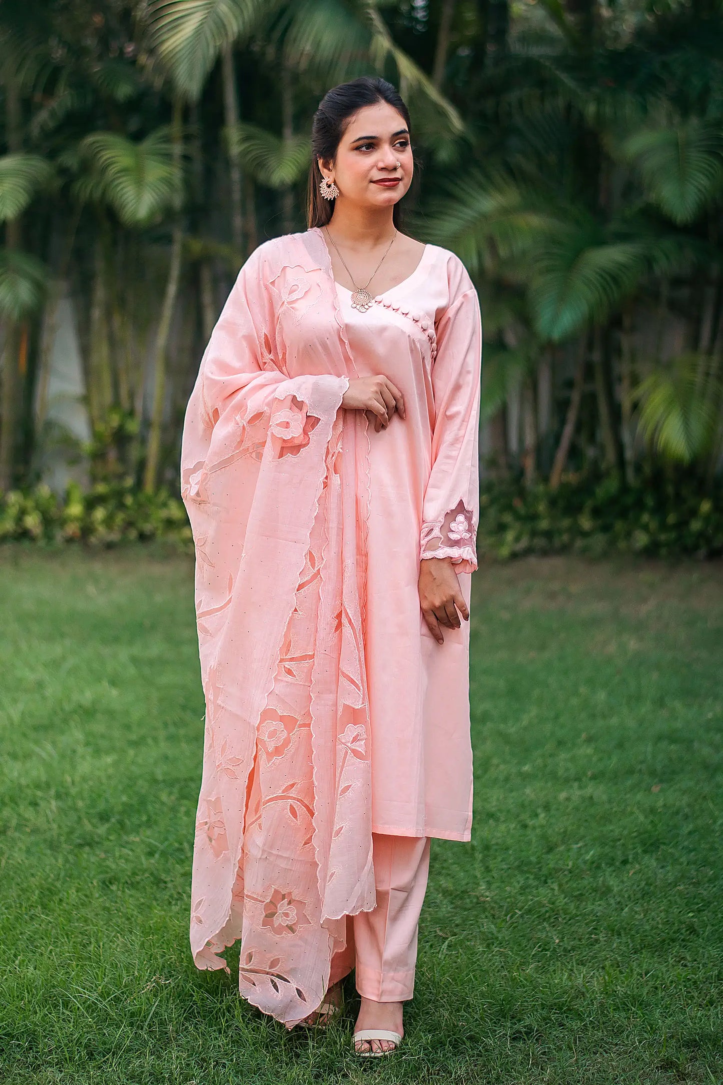 Pastel peach russian silk kurta & trousers, peach chanderi dupatta with cutwork