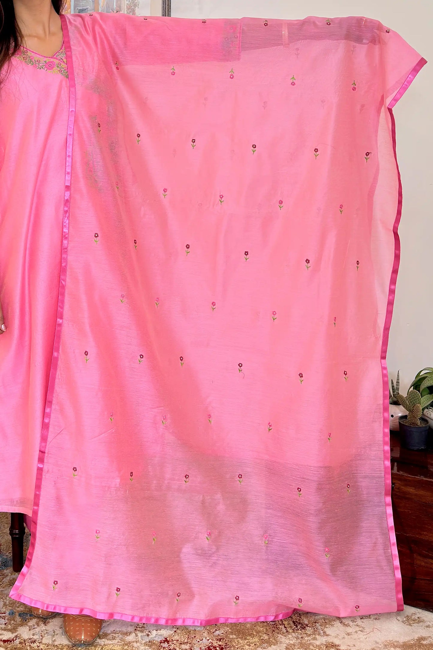 Pink Chanderi Resham Embroidered Angarkha Formal Wear Suit