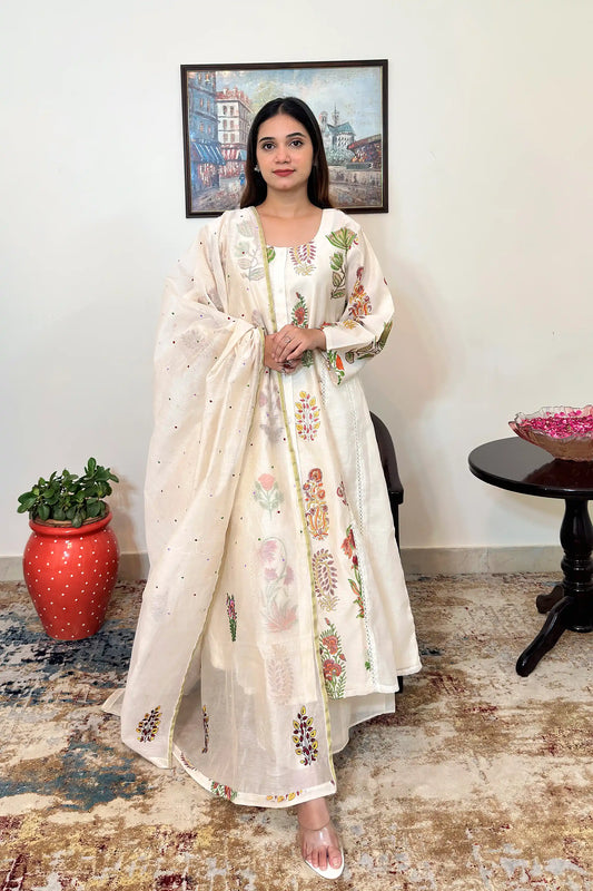 Off-white chanderi A-line kurta and dupatta with multicolour floral hand embroidery and off-white palazzo
