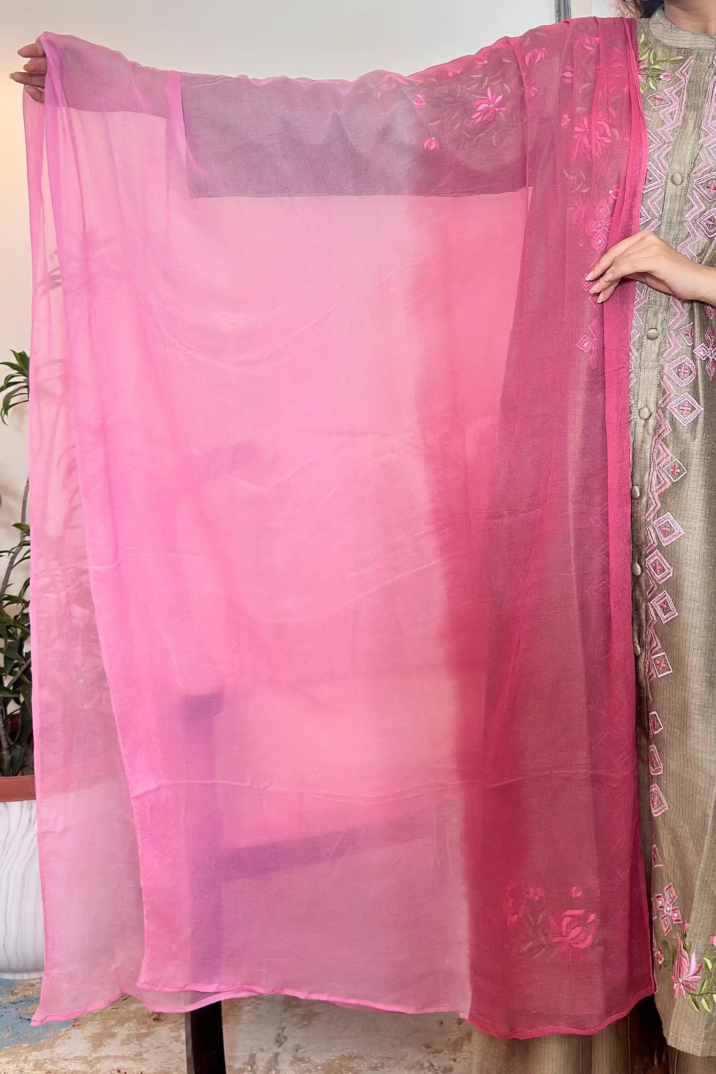 Taupe Chanderi Formal Wear Kurta Set with Resham Embroidery