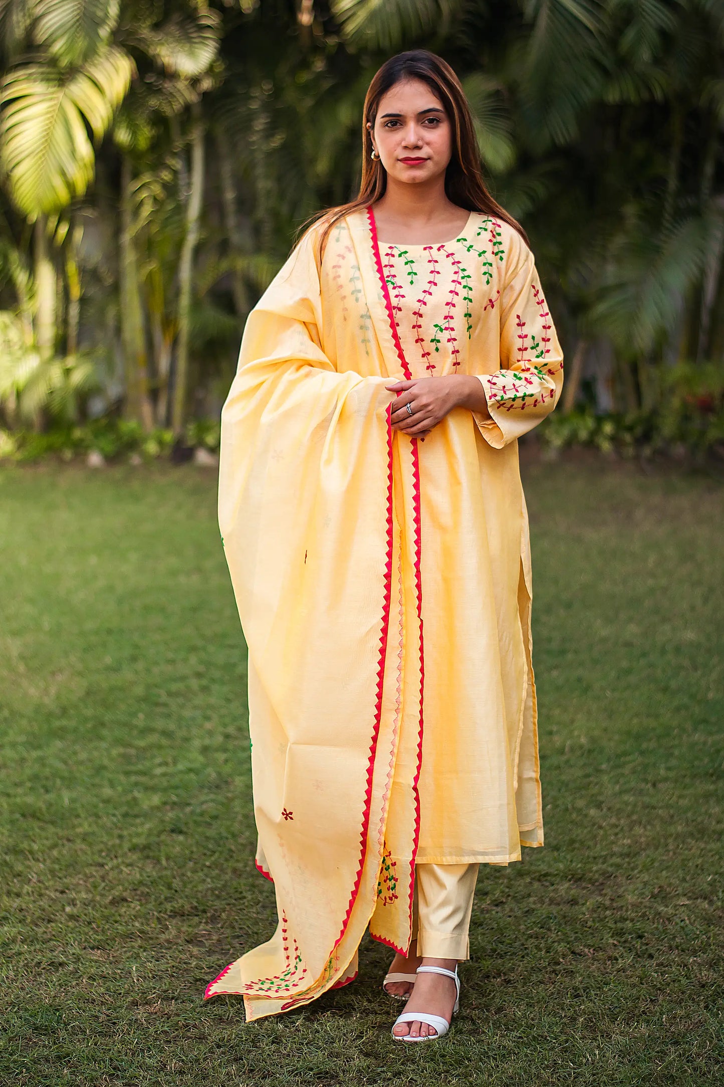 multicoloured applique work yellow chanderi kurta and dupatta with yellow trousers