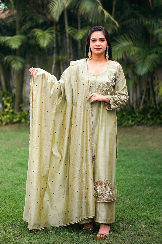 Sage green chanderi kurta, dupatta with aari embroidery & sage green palazzo