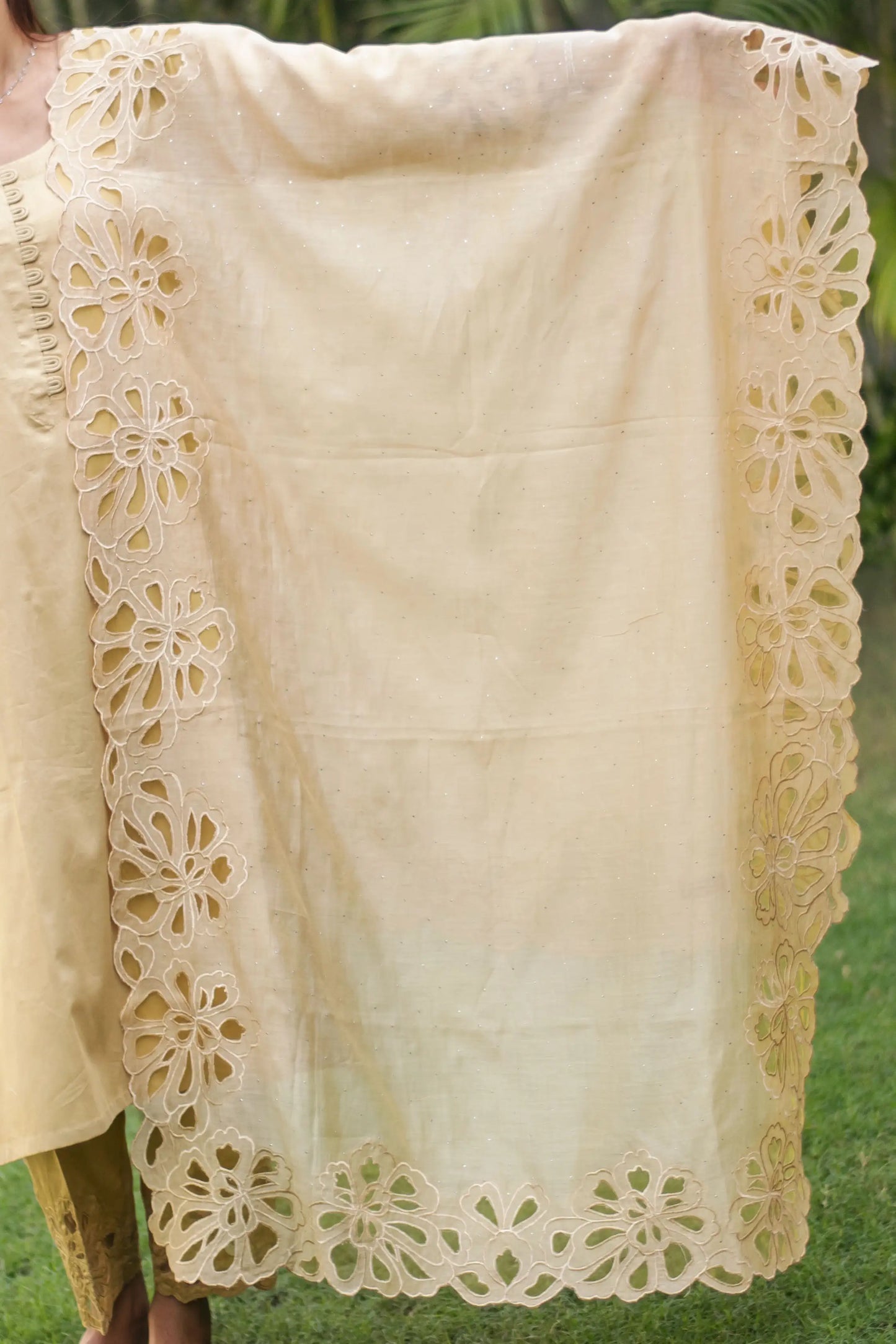 Golden russian silk kurta & trousers, golden chanderi dupatta with cutwork