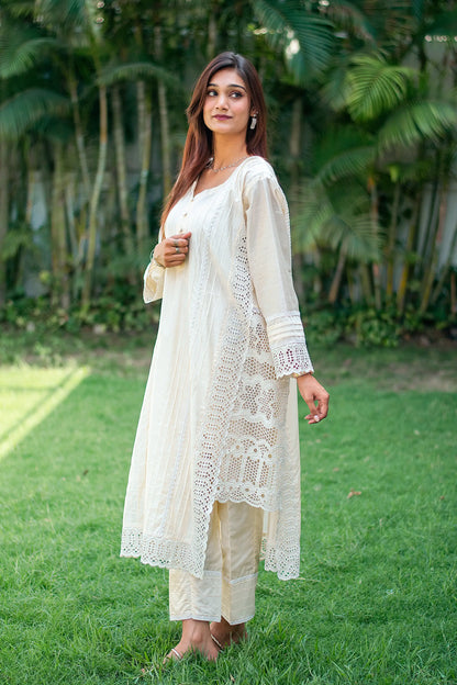 Off white cotton silk pintuck kurta, trousers and dupatta with schiffli work