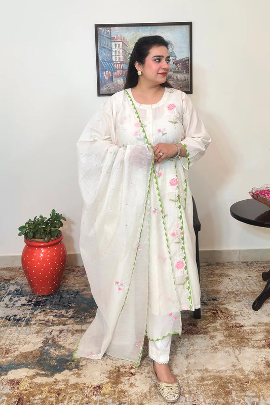 Off-white chanderi A-line kurta and dupatta with pink embroidery & green applique work and off-white trousers