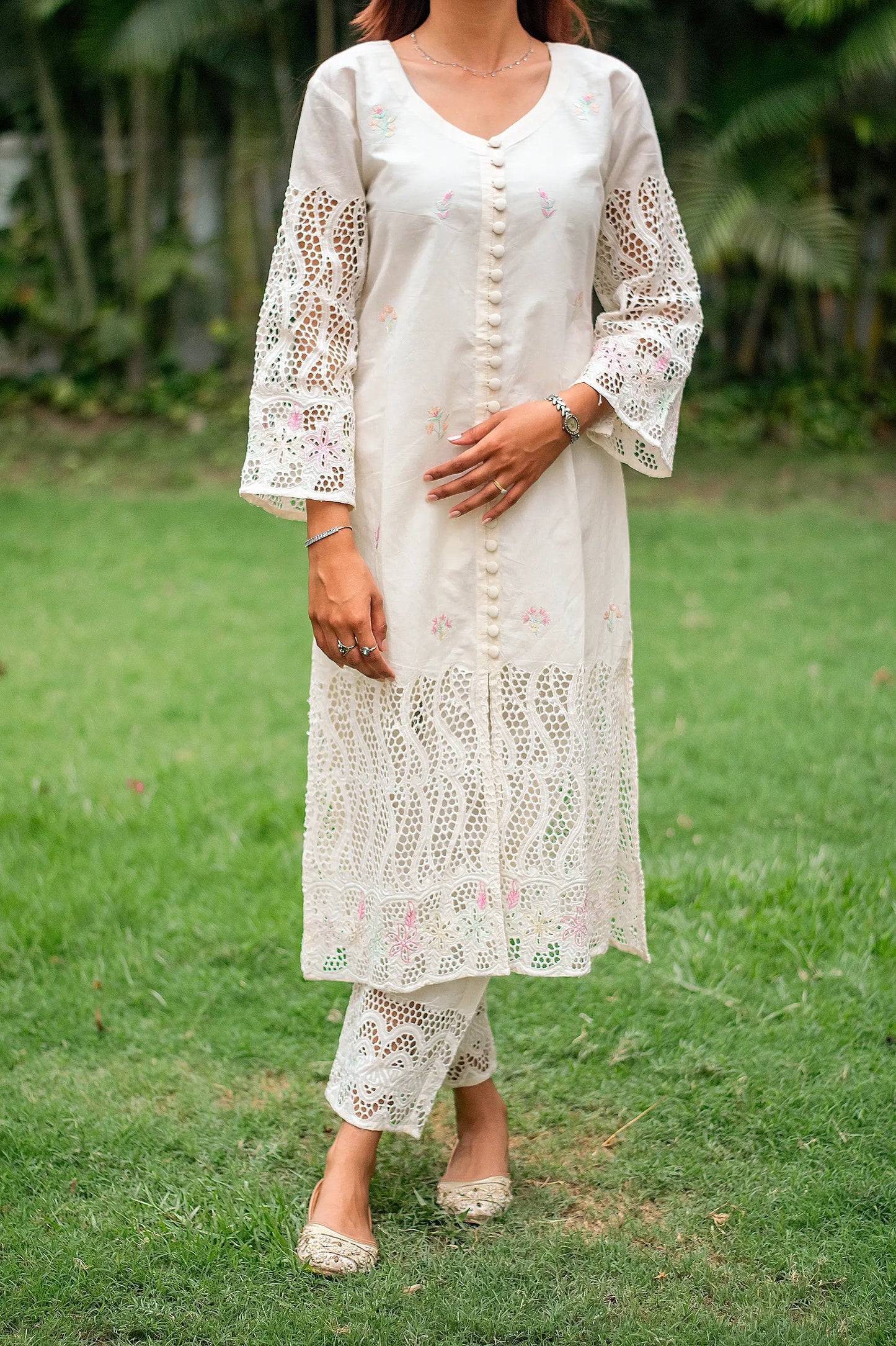 off-white cotton schiffli front-open kurti, dupatta with embroidery and off-white trousers