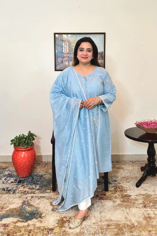 Blue chanderi A-line kurta & dupatta with white floral resham embroidery & off-white trousers