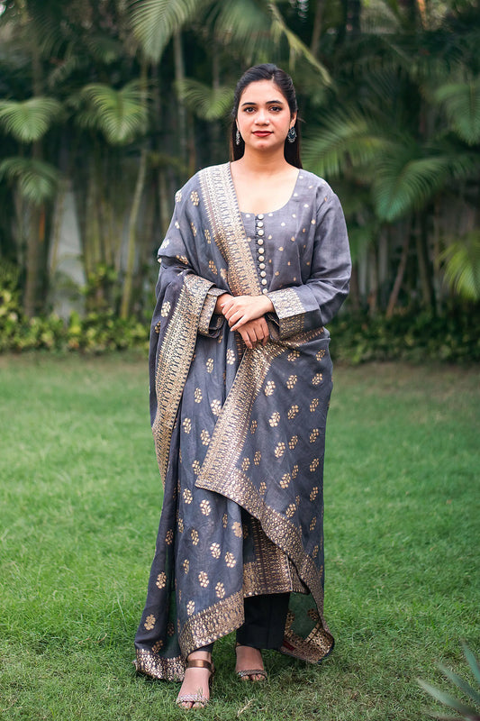 Grey silk zari weave kurta and dupatta with grey trousers